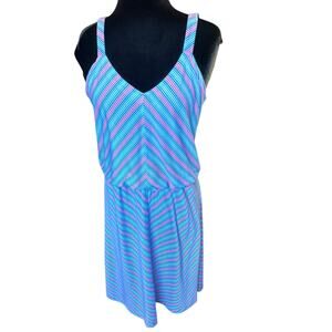 Vintage 70's Blue Pink Chevron Spaghetti Strap Fit & Flare Disco Dress Med Large
